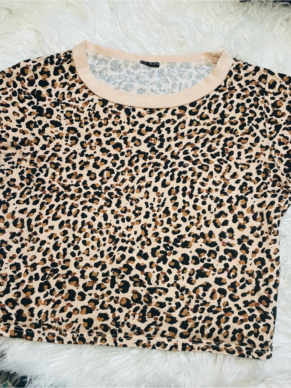 Leopard Print Short Sleeve Crew Neck Top - Beige